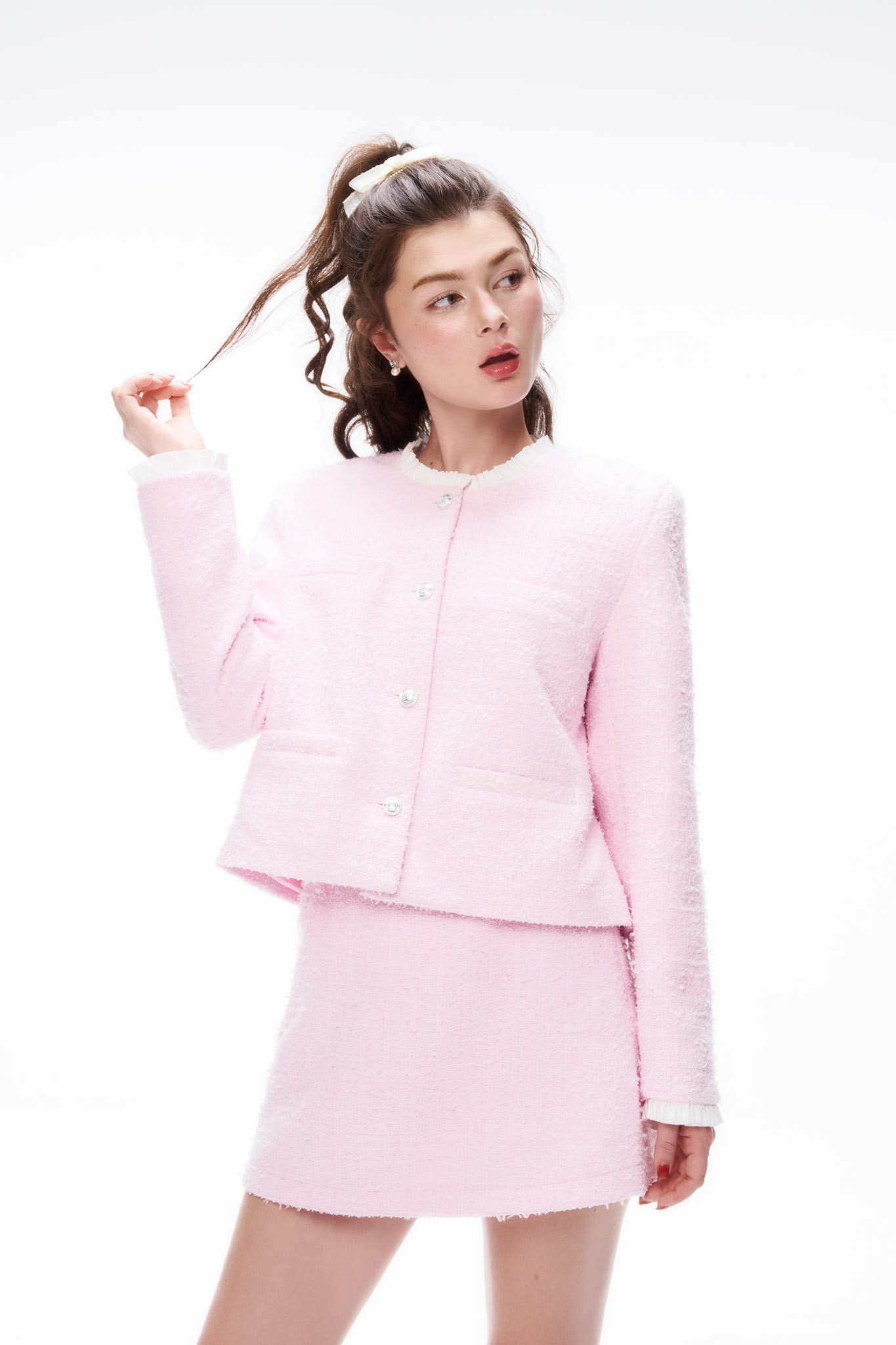 DOTTIE - Chân váy tweed chữ A - Hồng nhạt - S0255