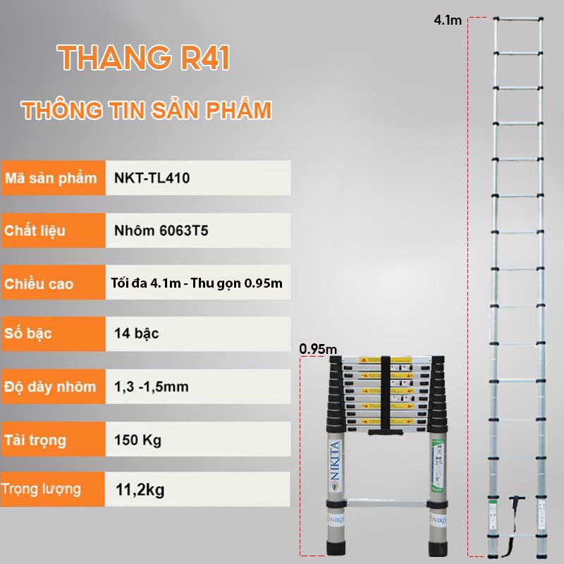 Thang Nhôm Rút Đơn Nikita NKT-R41 - Công Nghệ Nhật Bản - Tiêu Chuẩn Châu Âu - Hàng Chính Hãng