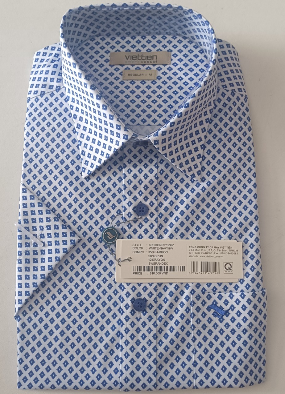 Viettien- Áo sơ mi nam Việt Tiến ngắn tay Smart Casual lai ngang, xẻ sườn từ sợi tre Mã 6R0390NRY/SNIP