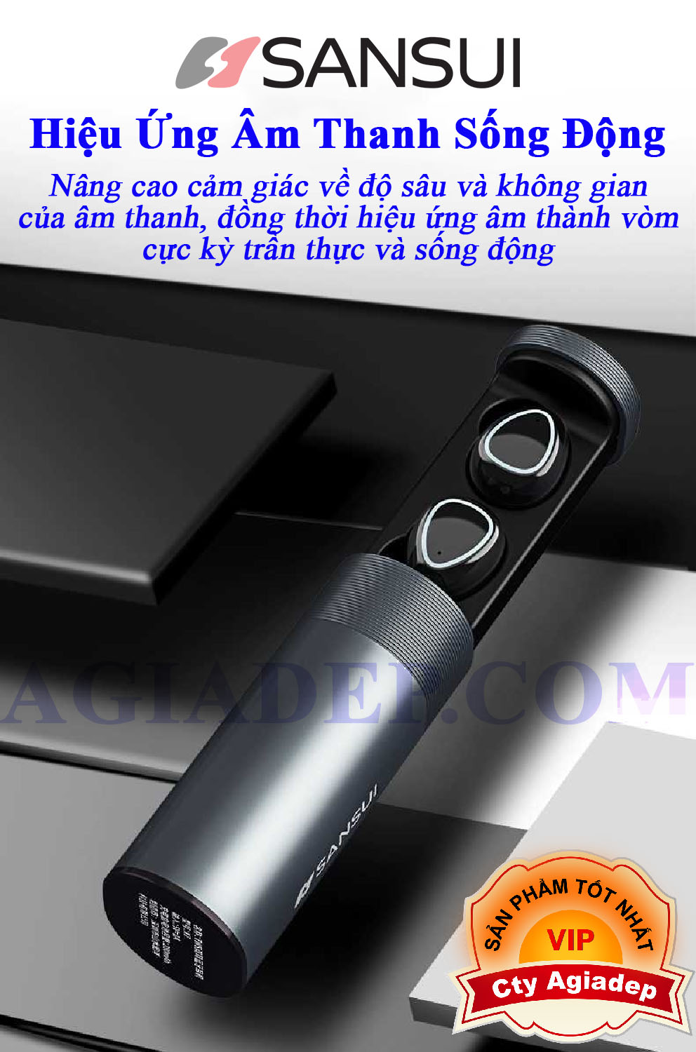 Tai nghe Bluetooth không dây 5.0 Cảm ứng Hàng hiệu Sansui (Âm thanh HiFi tuyệt hảo) Gồm Dock sạc gấp gọn hiện đại