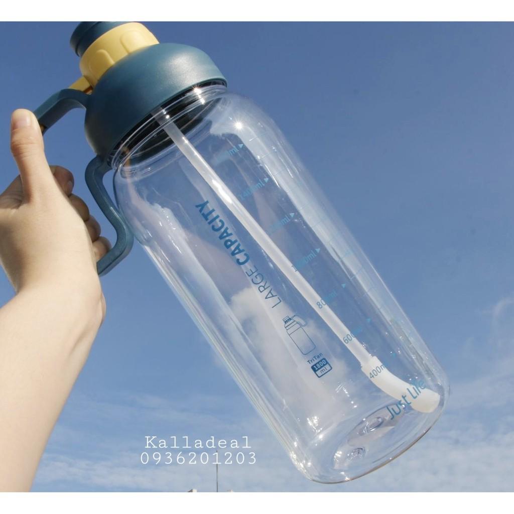 Bình Nước, Bình Đựng Nước Tập Gym, Detox 1800ml Nhựa TRITAN Cao Cấp Có Ống Hút