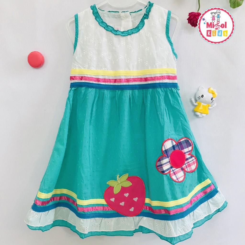 Đầm bé gái xanh phối trắng thêu dâu
