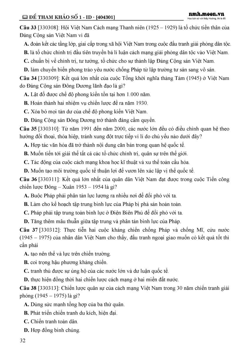 55 Đề Thi Minh Họa Môn Lịch Sử (Chọn Lọc) - MOON