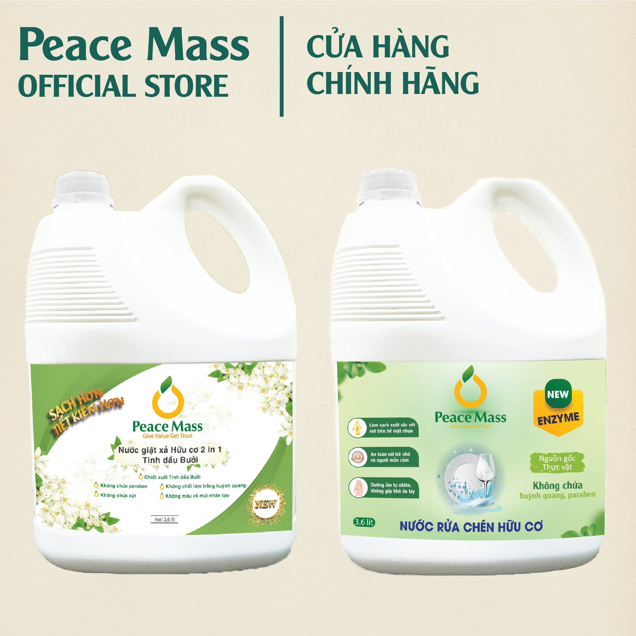 Combo Sản Phẩm Gốc Thực Vật  Peace NGB3 Mass - Nước Giặt Xả 2 in 1 3.6l + Nước Rửa Chén 3.6 lít (Thuộc nhóm Sản phẩm Lành tính / Hữu cơ)