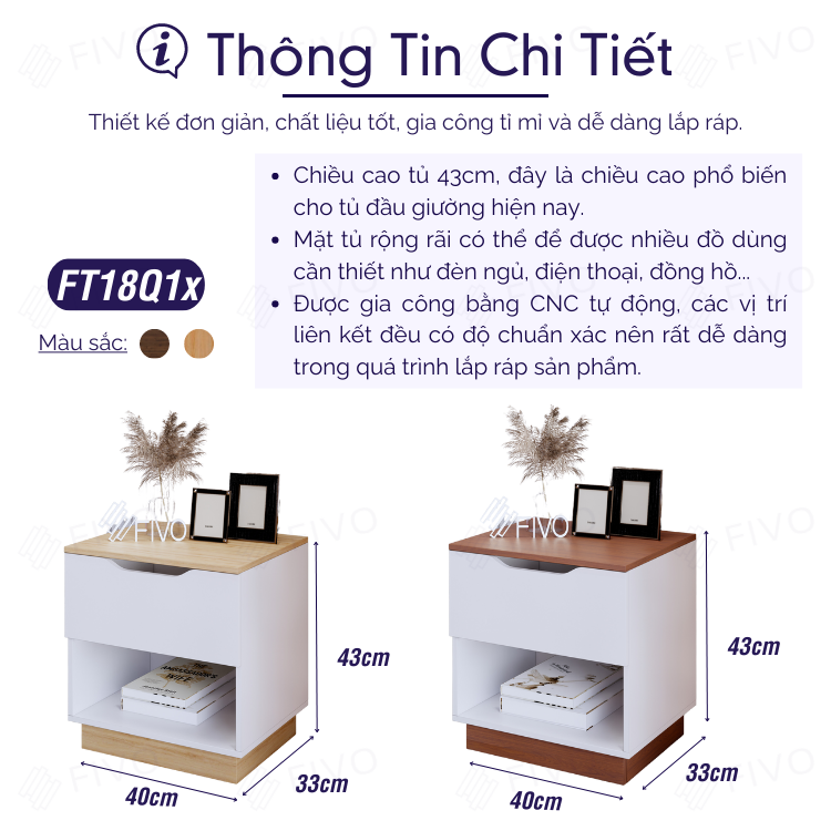 Tủ Đầu Giường Mini Hộc Tủ Có Ray Kéo Cao Cấp Thiết Kế Hiện Đại FIVO FT18 Phù Hợp Với Mọi Không Gian Phòng Ngủ