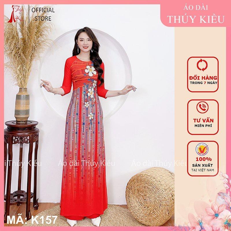 Áo dài nữ cách tân may sẵn thiết kế truyền thống tết nền đỏ cam thổ cẩm K157 mềm mại, co giãn, áo dài giá rẻ