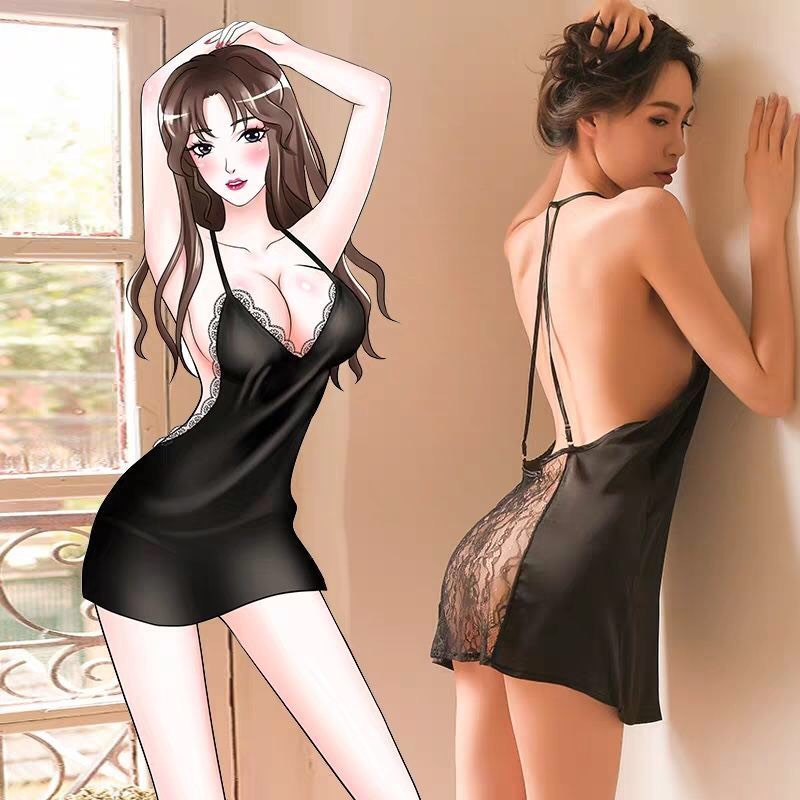 Váy ngủ lụa dây yếm phối ren sau hở lưng sexy Q102 - Đầm ngủ lụa hai dây gợi cảm 