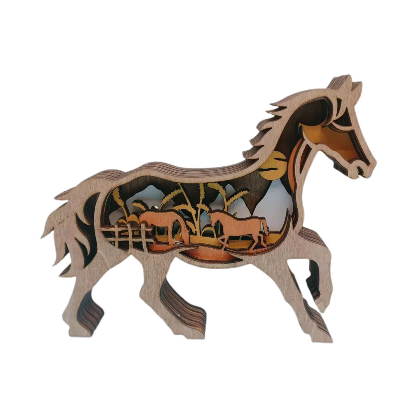 Wood Animal Horse Statue 3D Retro Hollowed Engraving Sculpture for Party