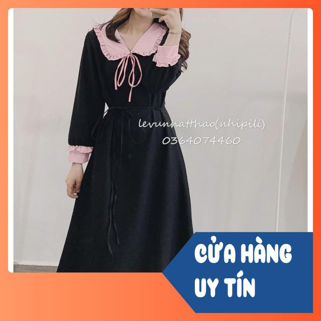 VÁY UMI ĐEN CỔ BÈO HỒNG NƠ NGỰC