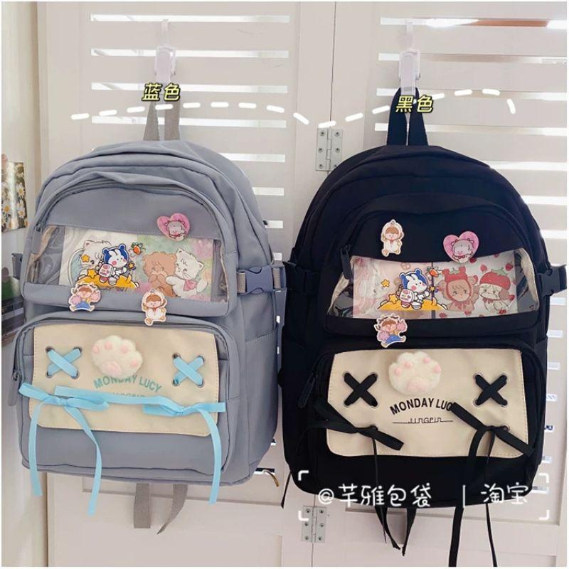 Balo Ulzzang Hàn Quốc học sinh đi học đi chơi ngăn Mica trong suốt phối lưới đi học thời trang Cặp- Balo sinh viên học sinh đa năng