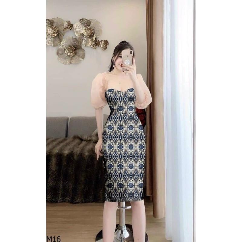 Đầm body hoạ tiết phối tay lưới sang chảnh kèm hình thật