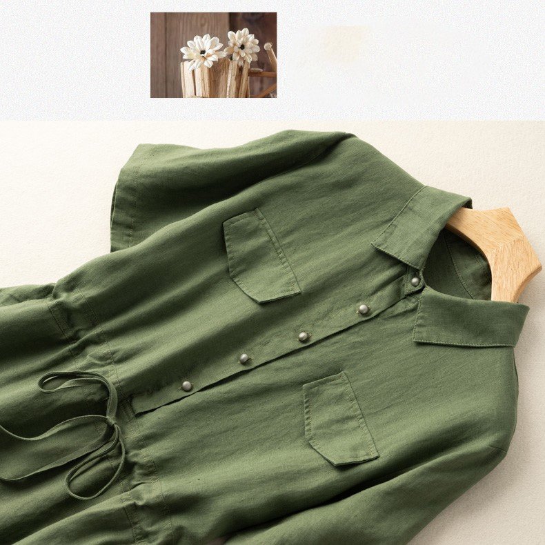 Đầm suông linen cao cấp, đầm công sở, đầm sơ mi thắt eo, phong cách Hàn Quốc hot AH74