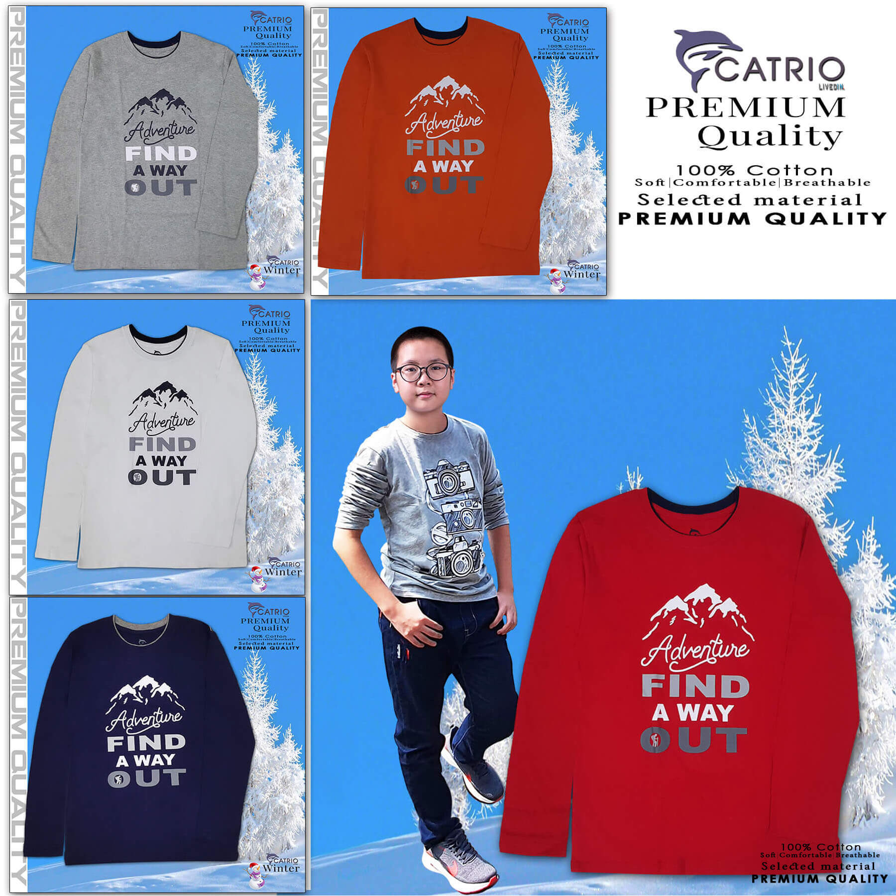 ÁO THUN DÀI TAY BÉ TRAI CATRIO in FIND NÚI màu CAM là áo phông trẻ em 15/16 tuổi vải 100% cotton an toàn, thuộc BST quần áo trẻ em mùa thu đông CATRIO + quần dài cotton thành bộ đồ thu đông trẻ em đẹp