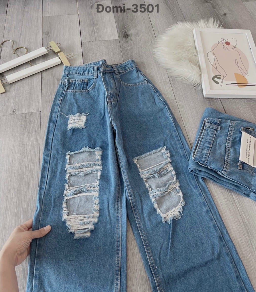 Quần baggy jean ống suông rách gối thời trang