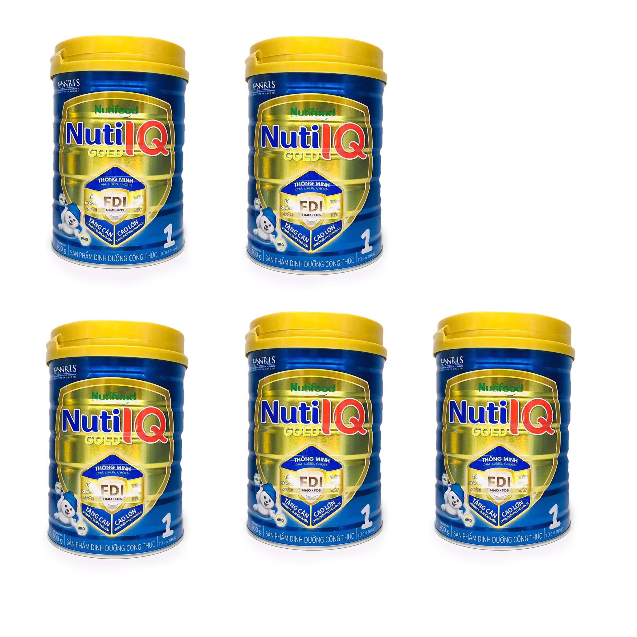 Bộ 5 lon sữa Nuti IQ Gold 1 900g (mới) - Phát triển não bộ và thị giác, Tăng cường sức đề kháng, Phát triển cân nặng - chiều cao, Tiêu hoá - hấp thu tốt, Ngăn ngừa táo bón