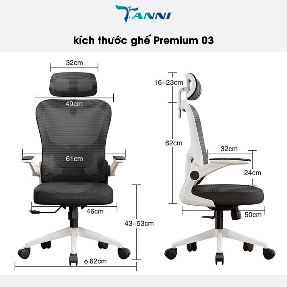 Ghế Văn Phòng Công Thái Học Ergonomic TANNI Premium 03, Ghế Xoay Văn Phòng Làm Việc Cao Cấp Nhập Khẩu