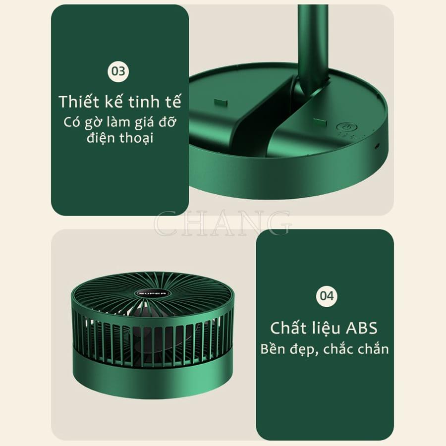 Quạt Tích Điện Gấp Gọn - Quạt Mini Để Bàn Xoay 180 Độ, 3 Tốc Độ Gió, Cổng Sạc USB Có Thể Điều Chỉnh Độ Cao Siêu Tiện Lợi