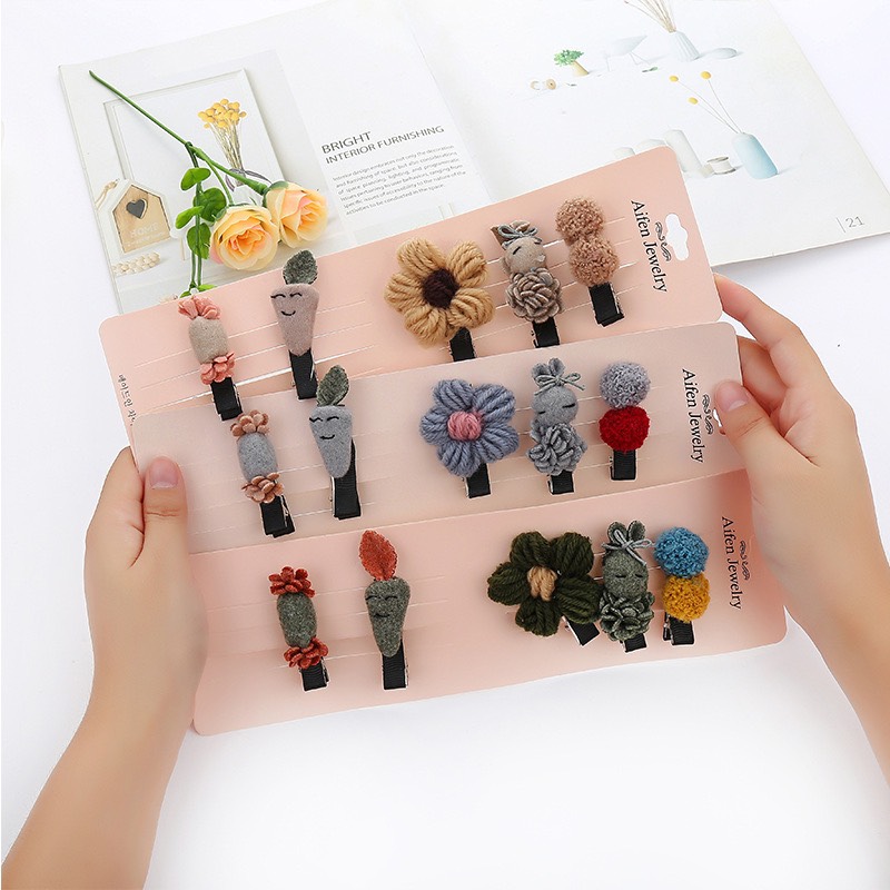 Set 5 Kẹp Tóc Mái Cao Cấp Bằng Len Cho Bé Gái (Màu Ngẫu Nhiên)