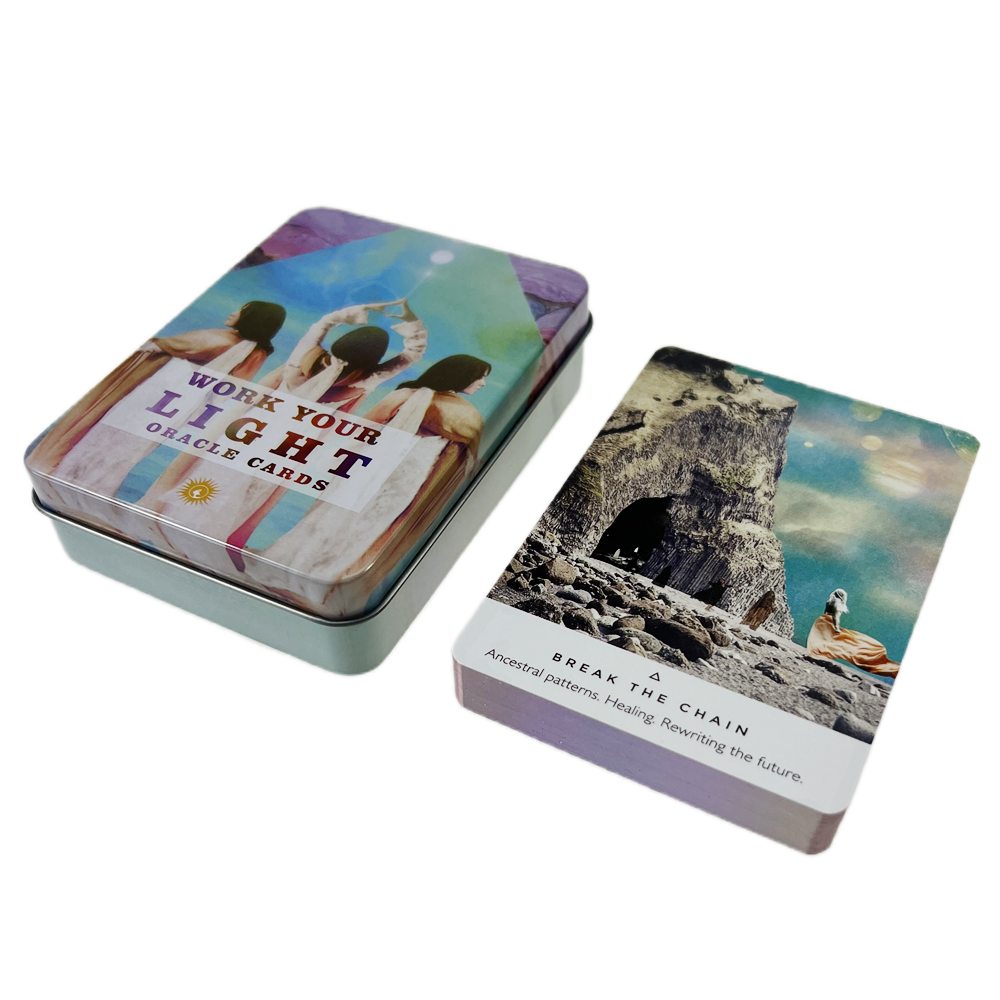 Bộ Bài Work Your Light Oracle Hộp Thiếc 44 Lá 98x68 Mm Tặng Đá Thanh Tẩy