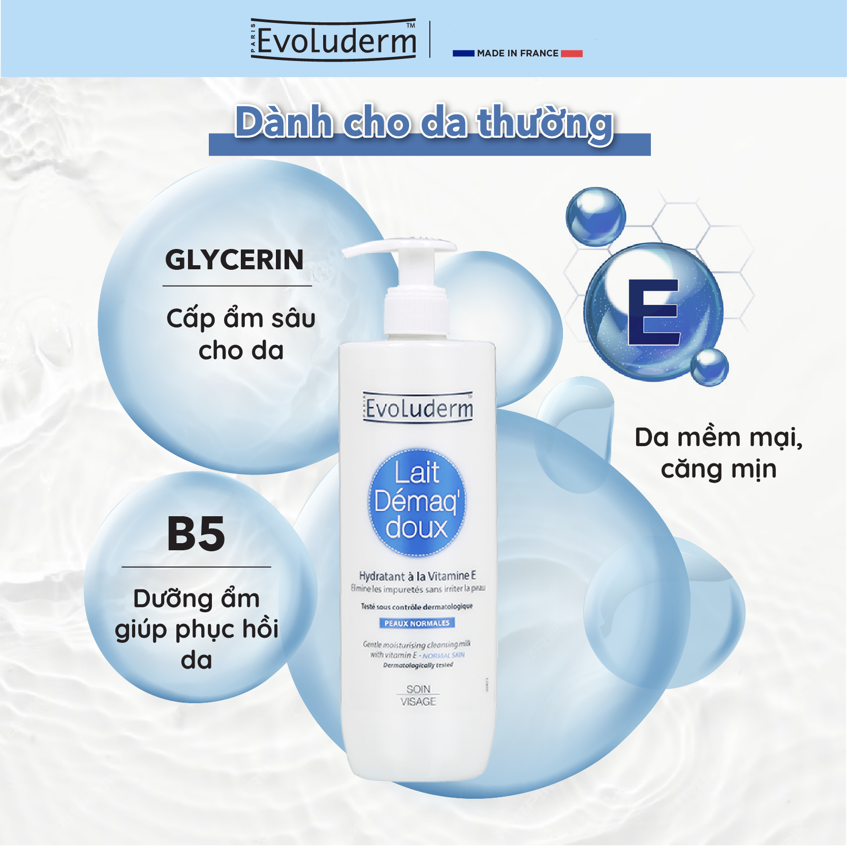 Sữa tẩy trang rửa mặt Evoluderm bổ sung Vitamin E giúp dưỡng ẩm và làm tươi trẻ làn da 500ml