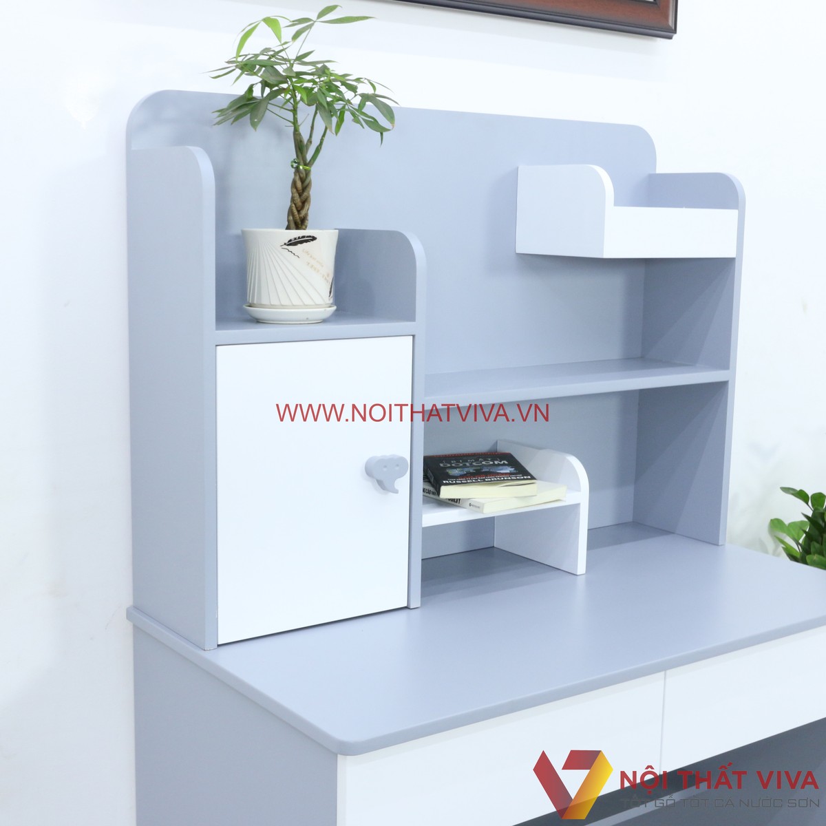 Bàn Học Có Kệ Sách Bằng Gỗ MDF Màu Tím Nhạt Phối Trắng Đẹp Hiện Đại