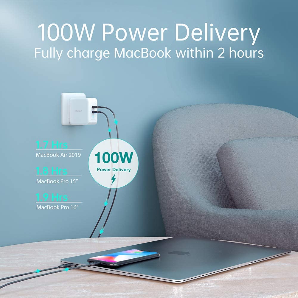 Adapter Củ Sạc 100W 2 Cổng Type C cho Macbook, Laptop, Smartphone CHOETECH PD6008 Kèm Dây Cáp Type C to C 100W - Hàng Chính Hãng