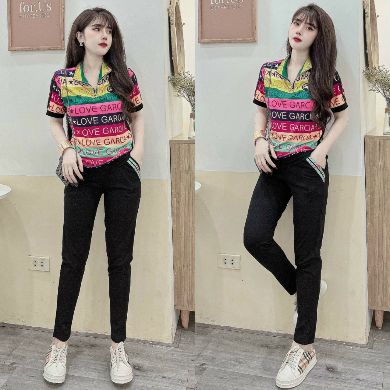 Đồ bộ thun cotton sắc màu phối khóa kéo