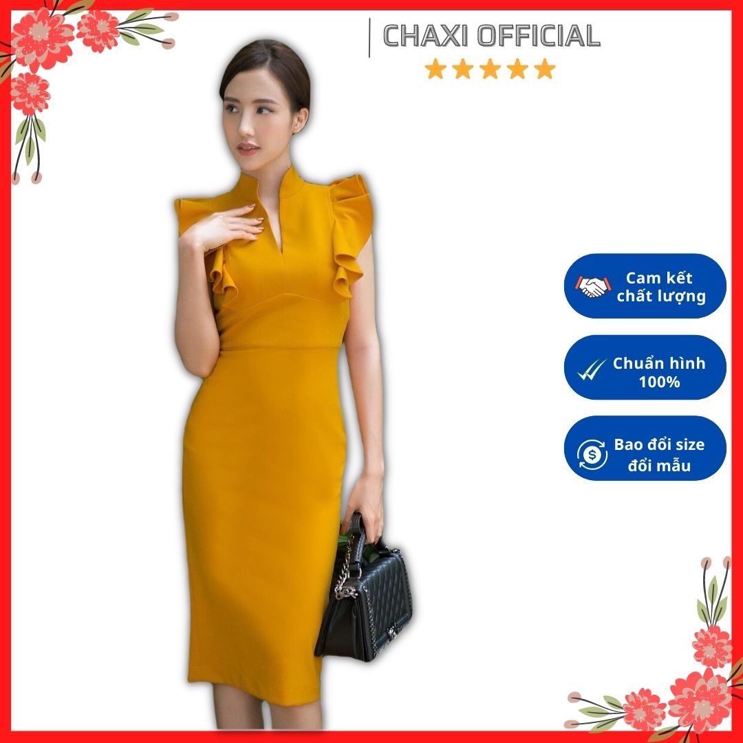 Đầm ôm body công sở cổ trụ thun poly màu vàng thanh lịch - VN241801