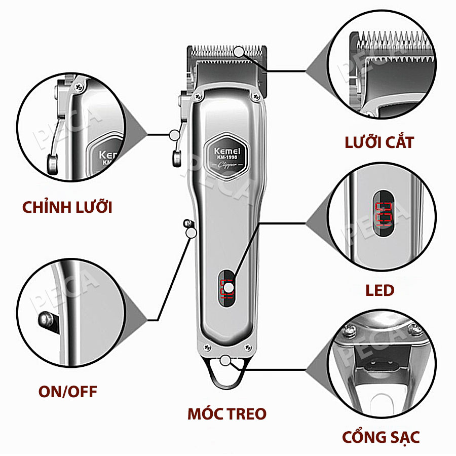 Tông đơ cắt tóc Kemei KM-1998 công suất mạnh có màn hình LED hiển thị pin tiện lợi, dùng để fade tóc, tattoo cạo trắng thích hợp sử dụng salon tóc, barber shop