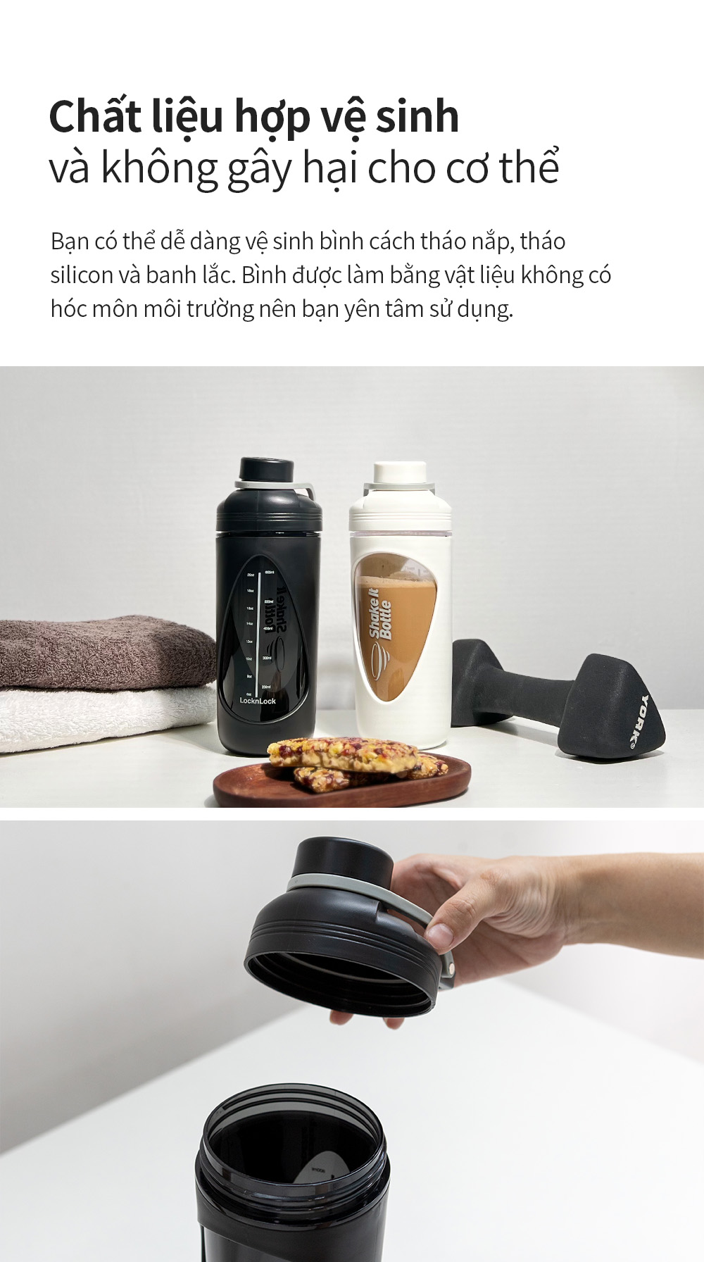 Bình lắc Lock&amp;Lock 800ml Balance Shake It Bottle màu đen HAP949BLK - Hàng chính hãng có quai xách và thanh đo dung tích - JoyMall