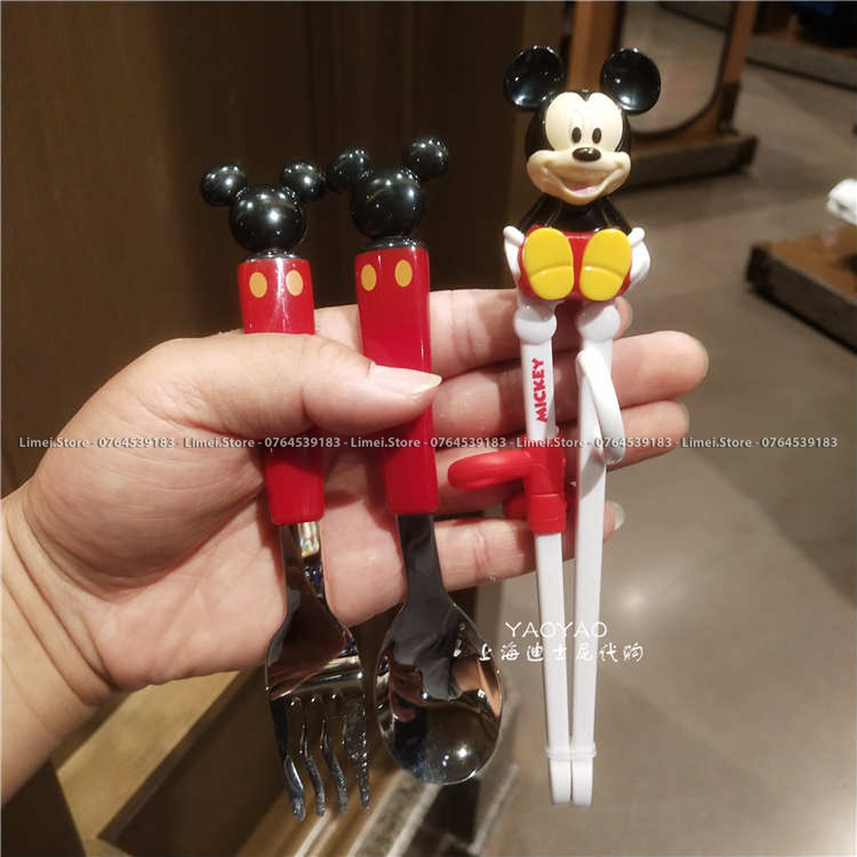 Set bộ 3 món muỗng + đũa + nĩa Disney hình Mickey tập ăn cao cấp cho bé trai