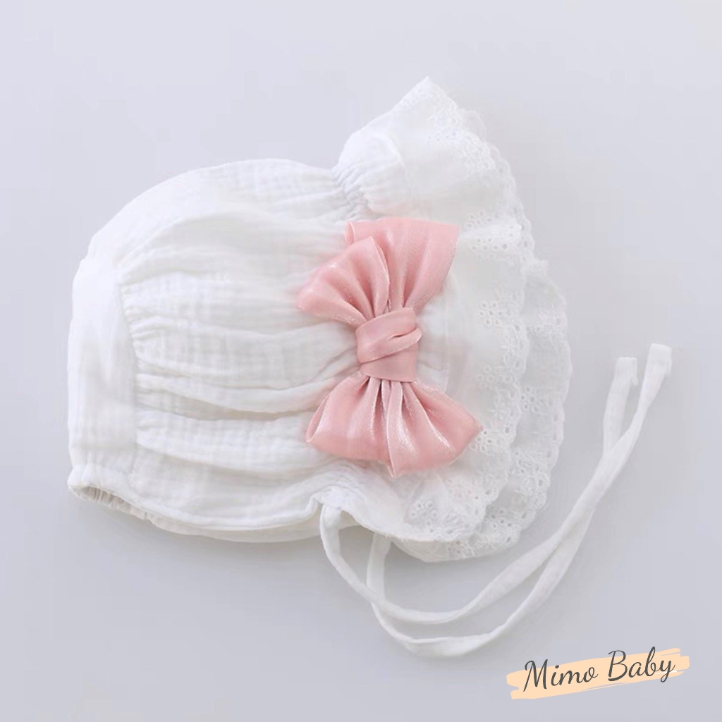Mũ nón tiểu thư vải đũi đính nơ hồng xinh xắn cho bé gái MTT245 Mimo Baby
