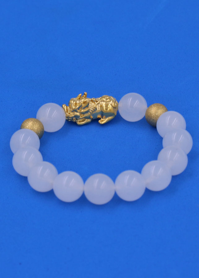 Chuỗi đeo tay Thạch Anh Trắng 12 ly - cẩn Tỳ Hưu Phong thủy inox vàng VTATTHHBV12 - hợp mệnh Kim, mệnh Thủy