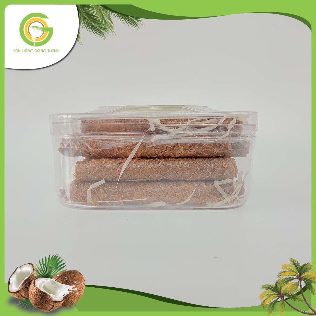 Bánh ống ca cao Đông Thành thơm ngon - Bánh ống xứ dừa dạng hộp vuông - Đặc sản Bến Tre hộp bánh ống dừa