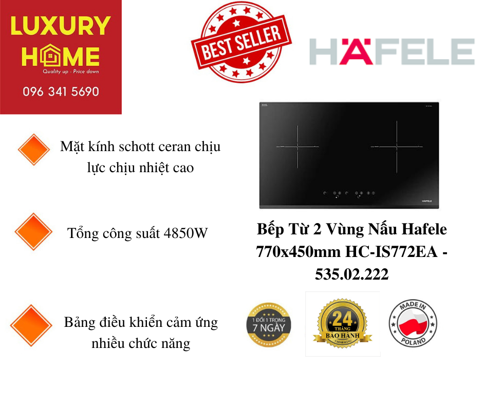 Bếp Từ 2 Vùng Nấu Hafele 770x450mm HC-IS772EA - 535.02.222 Xuất Xứ Châu Âu (Hàng chính hãng)