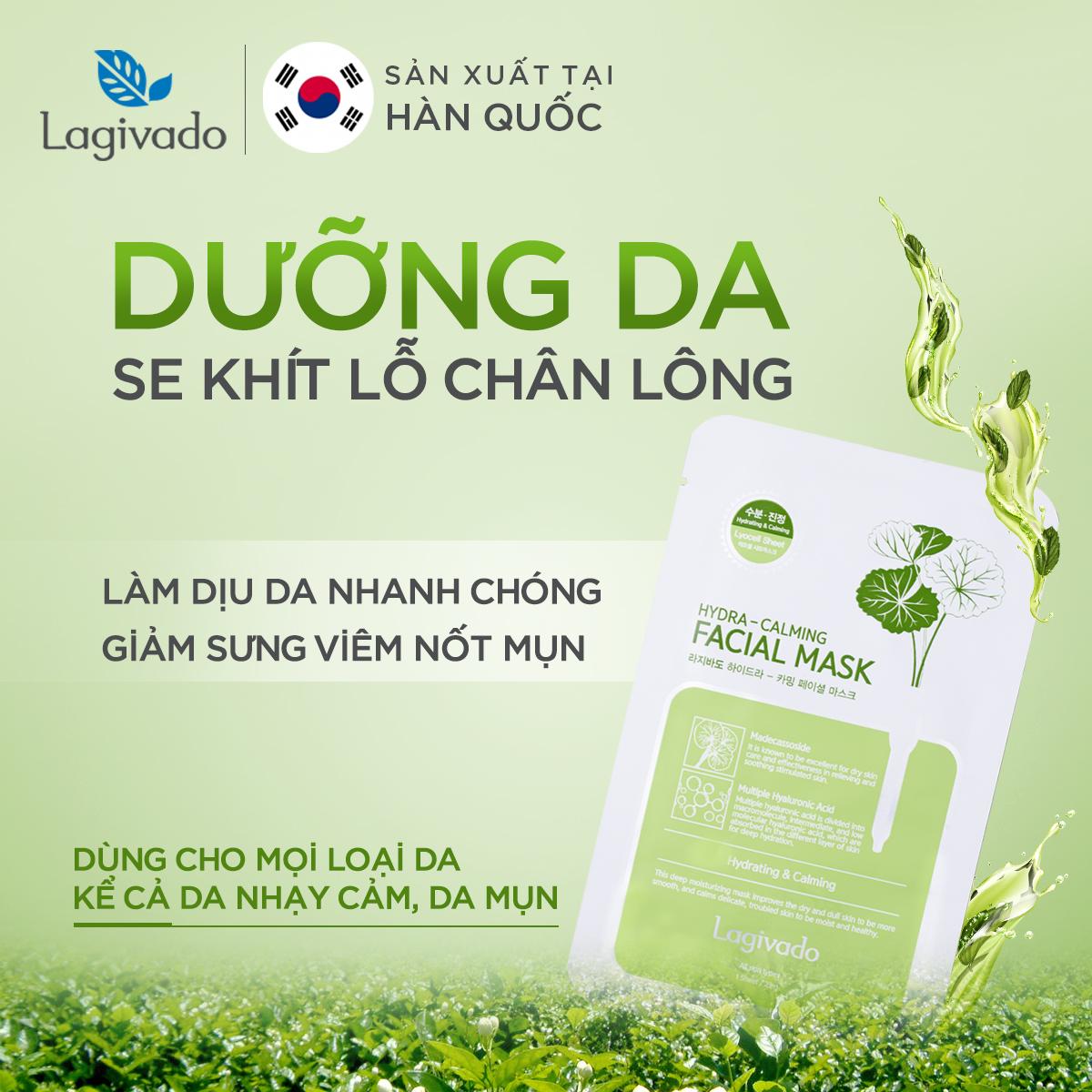 Combo 12 Mặt nạ dưỡng ẩm, trắng sáng da Hàn Quốc chính hãng Lagivado đắp mặt thư giãn, làm dịu da, cho làn da căng bóng và mềm mịn Hydra Calming Facial Mask dạng giấy