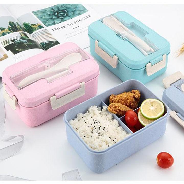 Hộp Cơm Lúa Mạch 3 Ngăn Tiện Lợi - Hộp Cơm Trưa Văn Phòng Picnic Dễ Dàng Sử Dụng (Kèm Đũa & Muỗng)