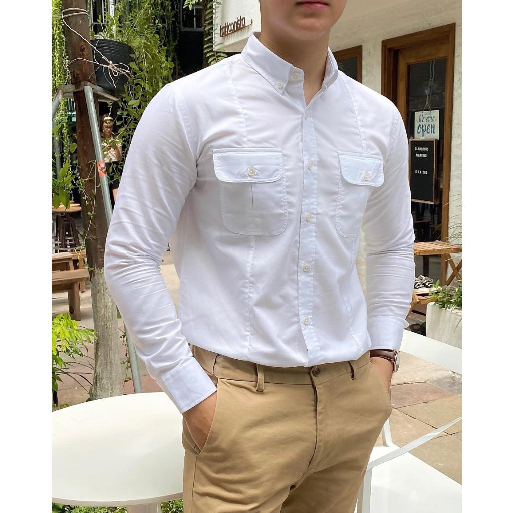 Áo Sơ Mi Nam Dài Tay Trơn BY COTTON Pocket White Mix