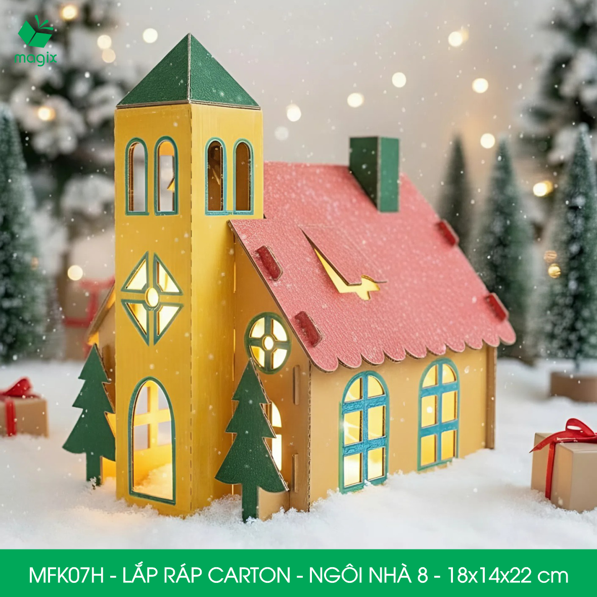 MFK07H - 18x14x22 cm - Mô hình nhà giấy carton cứng cao cấp, ngôi nhà lắp ráp carton mini cho bé