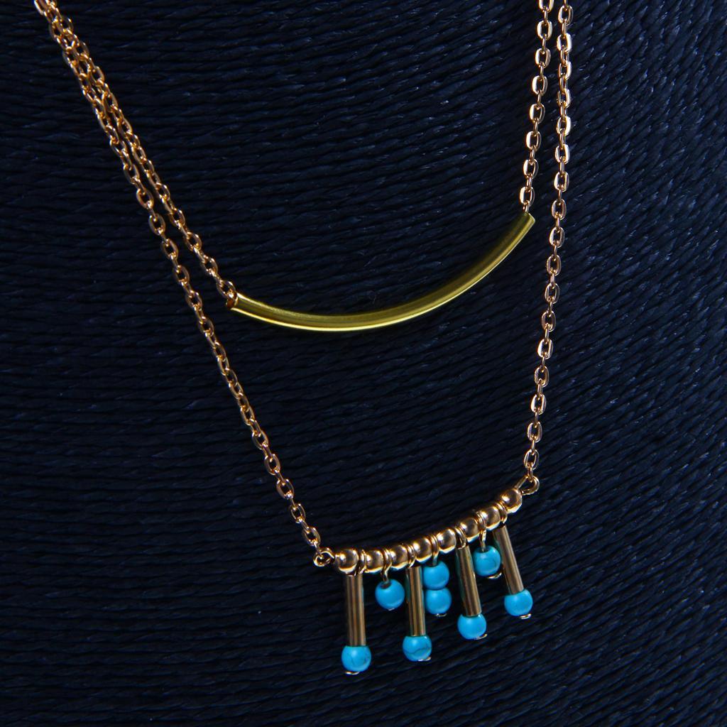 Double Layer Gold Necklace Chain With Turquoise Tube Bead Pendant Charm