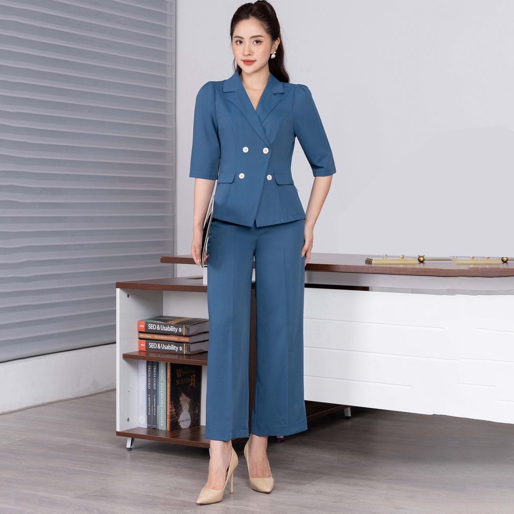Set Công Sở UK Fashion Áo Cổ Vest Tay Lỡ Kèm Quần Ống Suông Lưng Cao Thanh Lịch, Chất Vải Nhập Hàn Đứng Phom NKBD2203001 - S - XANH