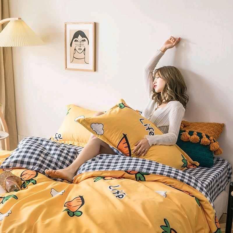 Bộ Chăn Ga Gối Cotton Poly Nhập Khẩu Cà Rốt Life Ga Kẻ Đủ size Miễn Phí Bo Chun