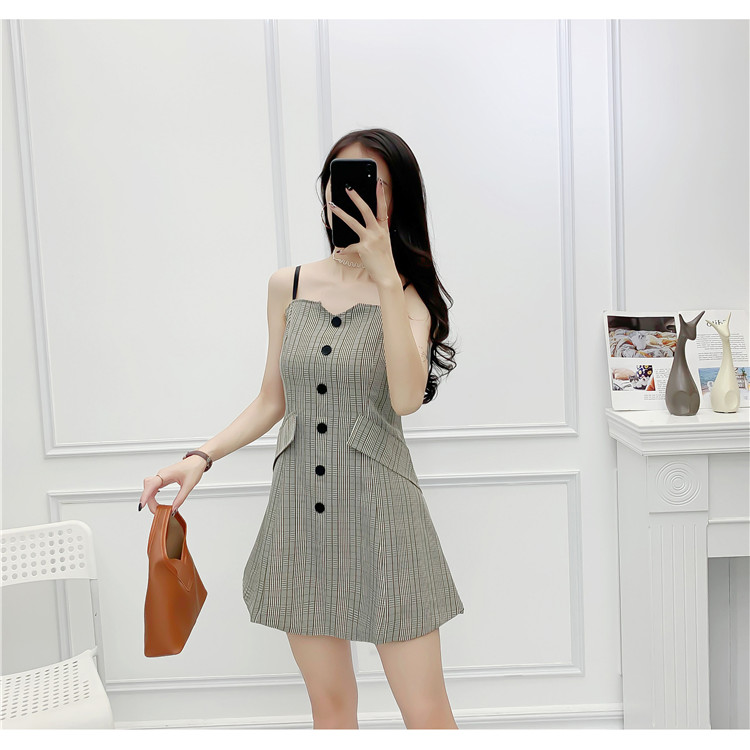 Đầm sọc 2 dây đính cúc sang trọng - A13S