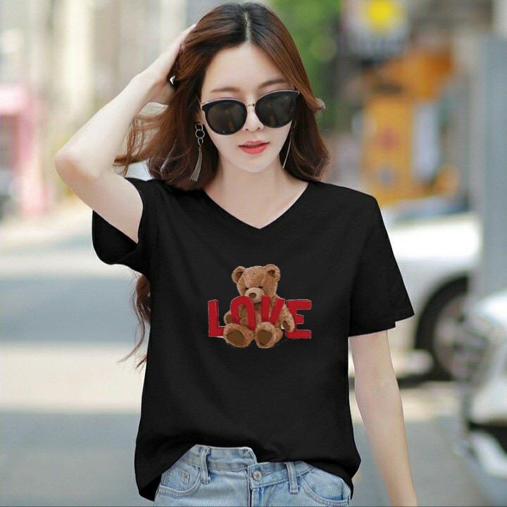 Áo thun nữ MXM cổ tim form rộng in hình gấu chữ Love thun cotton 4 chiều từ 45-60kg ( ANU079 )