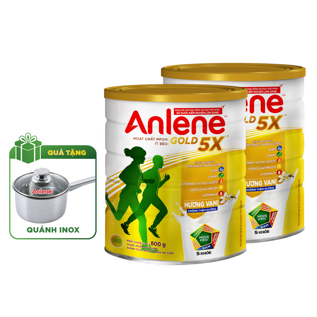 Combo 2 Sữa Bột Anlene Gold 5X Hương Vanilla tặng nồi quánh inox