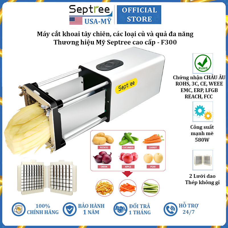 Máy cắt các loại củ quả và khoai tây chiên kiểu Pháp thương hiệu Septree, công suất 580W, chất liệu inox cao cấp F300