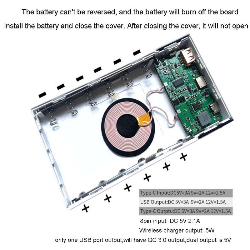 Pin 6x 18650 DIY QI không dây Sạc QC3.0 USB Type C PD Fast Charge Bank Box hộp cho máy tính bảng điện thoại di động