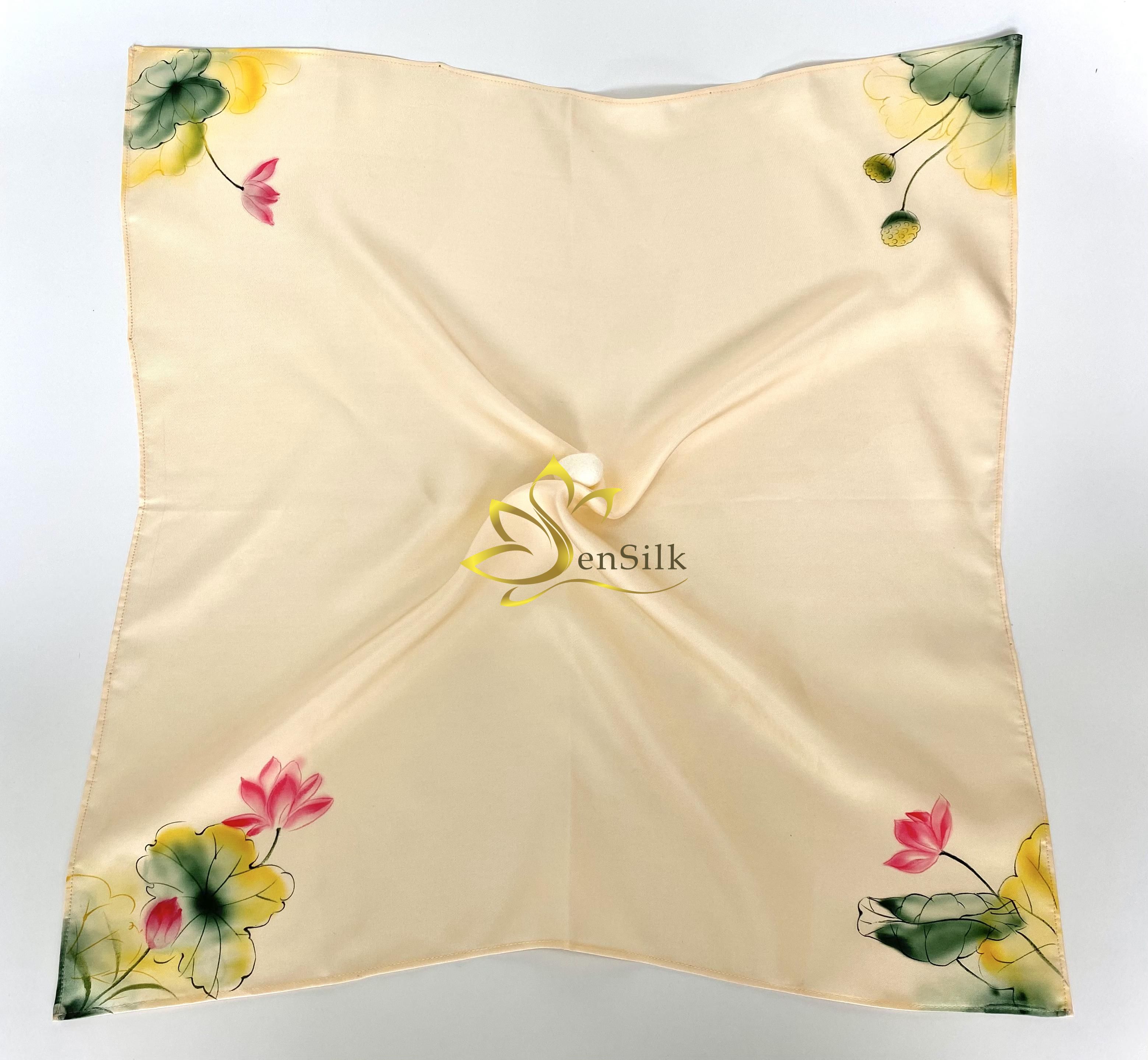 Khăn Lụa Vuông Cao Cấp Vẽ Tay SenSilk Hoa Sen, Lotus Silk Square Painting 55x55cm, Phụ Kiện Lụa Thời Trang Cao Cấp, Nơ Lụa Tơ Tằm