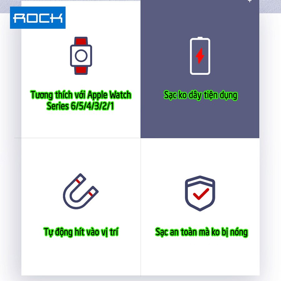 Đế Sạc Không Dây Chính Hãng ROCK dành cho Apple Watch 38/40/42/44mm Series 1/2/3/4/5/6/Se - cổng Type-C và USB-A - Xanh