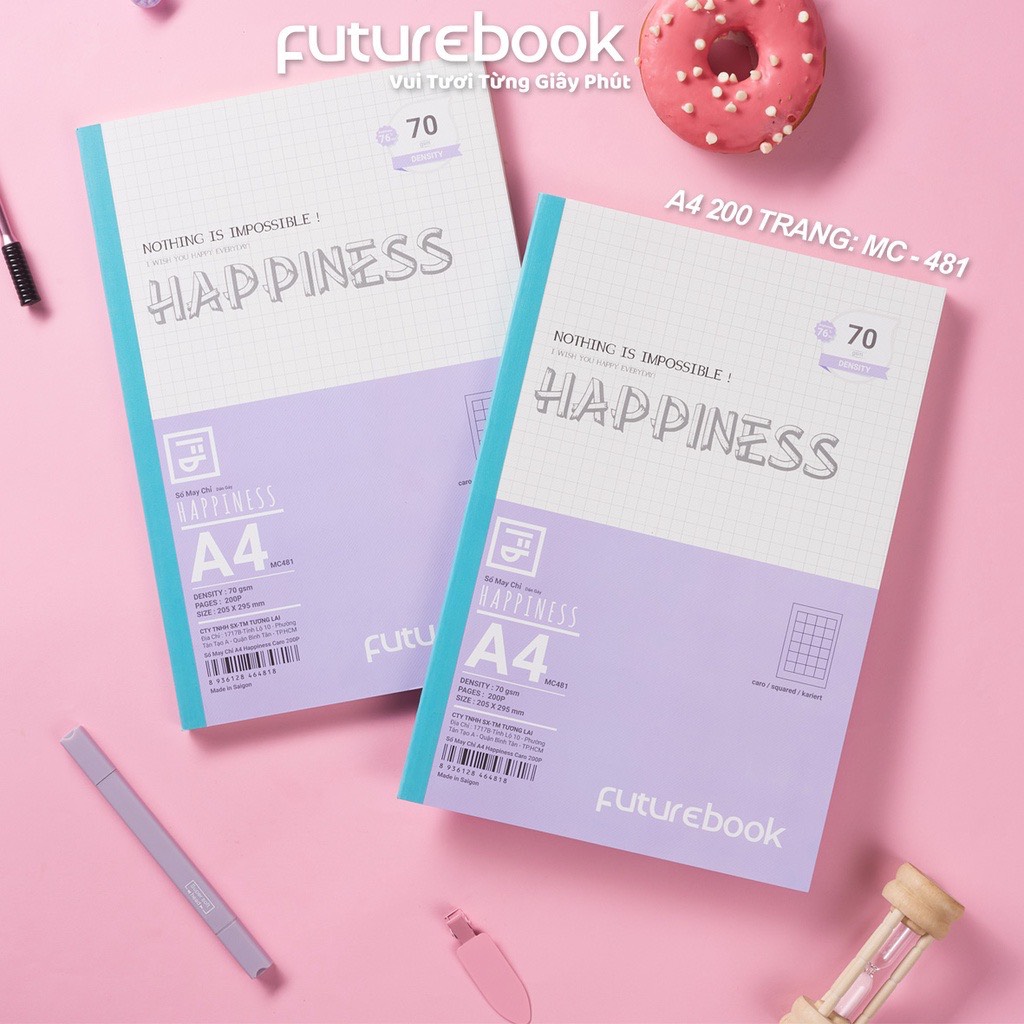 Sổ May Chỉ Dán Gáy Happiness A4- Dòng kẻ Caro- 70GSM- Phong cách Nhật Bản. VPP FUTUREBOOK. Giao mẫu ngẫu nhiên.